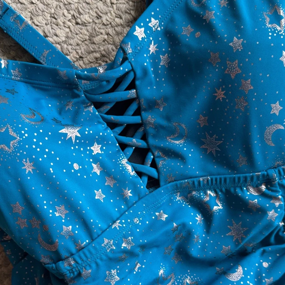 Teal Starprint One-Piece Swimsuit with Lace-Up Front